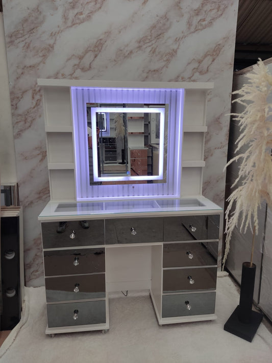 Tocador White Glam LED con Espejo y Cajones Espejados